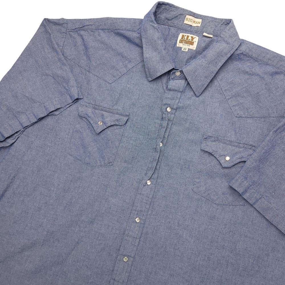 Ely Cattleman Shirt Mens Big 4X Blue Chambray Short Sleeve Western Pearl Snap‎